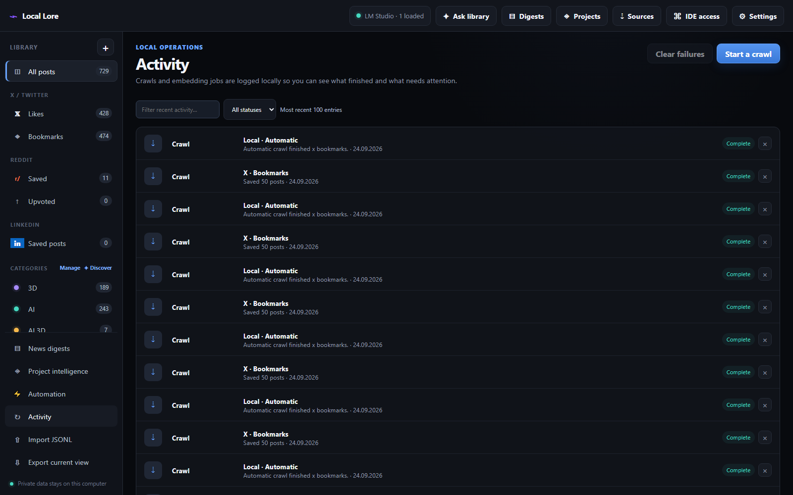Screenshot of the Digester Activity view: the list of operations with their status badges for in progress, queued, completed and failed, the parent automatic crawl row with its child rows per collection, the status and text filter controls, and the Clear failures button.