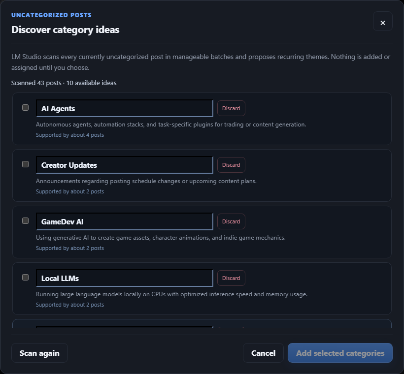 Screenshot of the Digester category Discover dialog: the list of proposed categories from the uncategorized scan, each row showing an editable one or two word name, its generated description, a checkbox to create it and a Discard button, with the Create selected action at the bottom.
