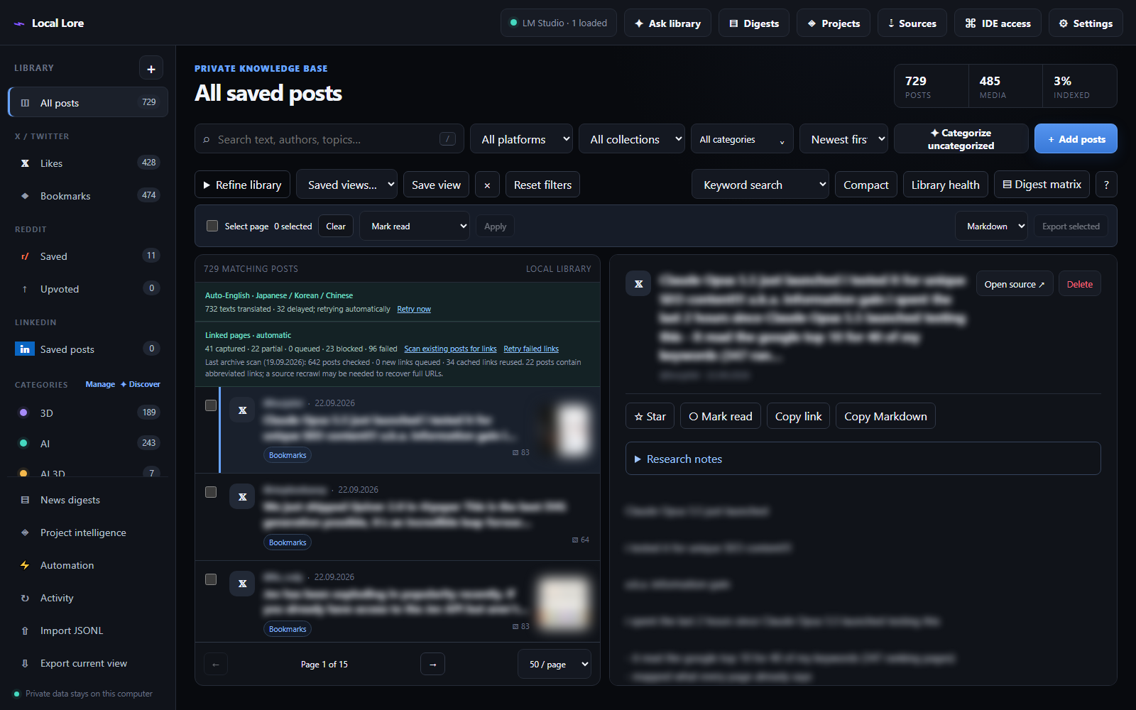 Screenshot of the Digester Library view: the left sidebar showing All posts with a post count, the X / Twitter section with Likes and Bookmarks, the Reddit section with Saved and Upvoted, the LinkedIn section with Saved posts, and the Categories list below with the Manage and Discover buttons; the main area shows the post list with the search field, filter toolbar and a selected post's detail panel on the right.