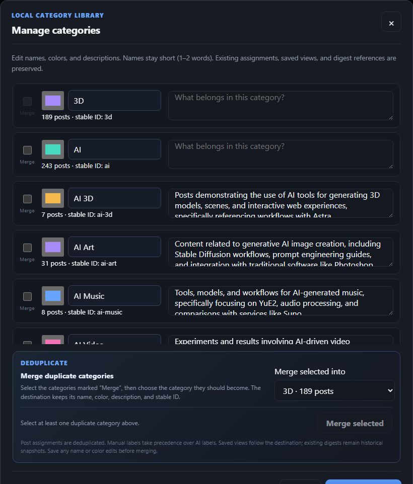 Screenshot of the Digester Manage categories dialog: the table of existing categories with editable short names, color swatches and descriptions, and the merge section where several source categories are selected and a destination category is chosen as the survivor.