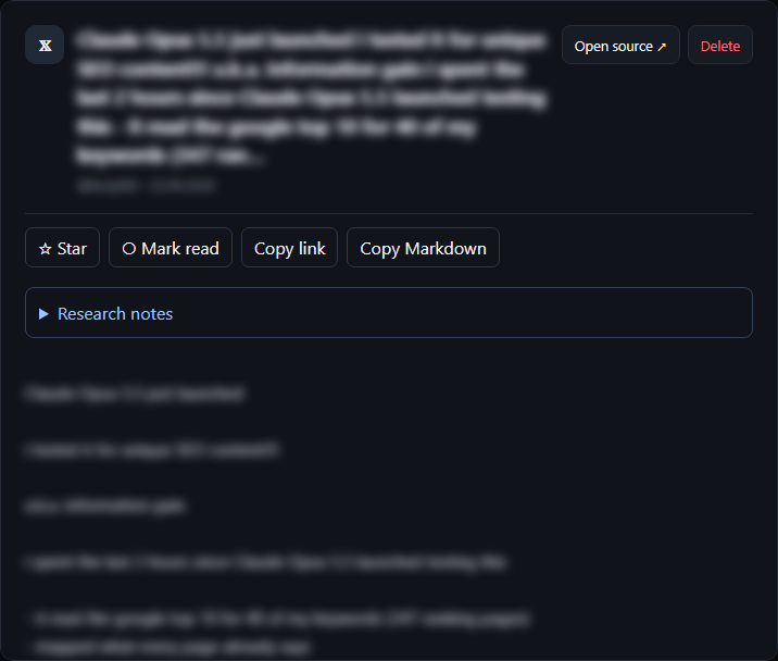 Screenshot of a Digester post detail panel: the post text with its author and date, the star and read-state controls, the assigned category chips, the Research notes text area with the Save notes and Discard draft buttons, the downloaded media thumbnails, and the expandable Linked content section.