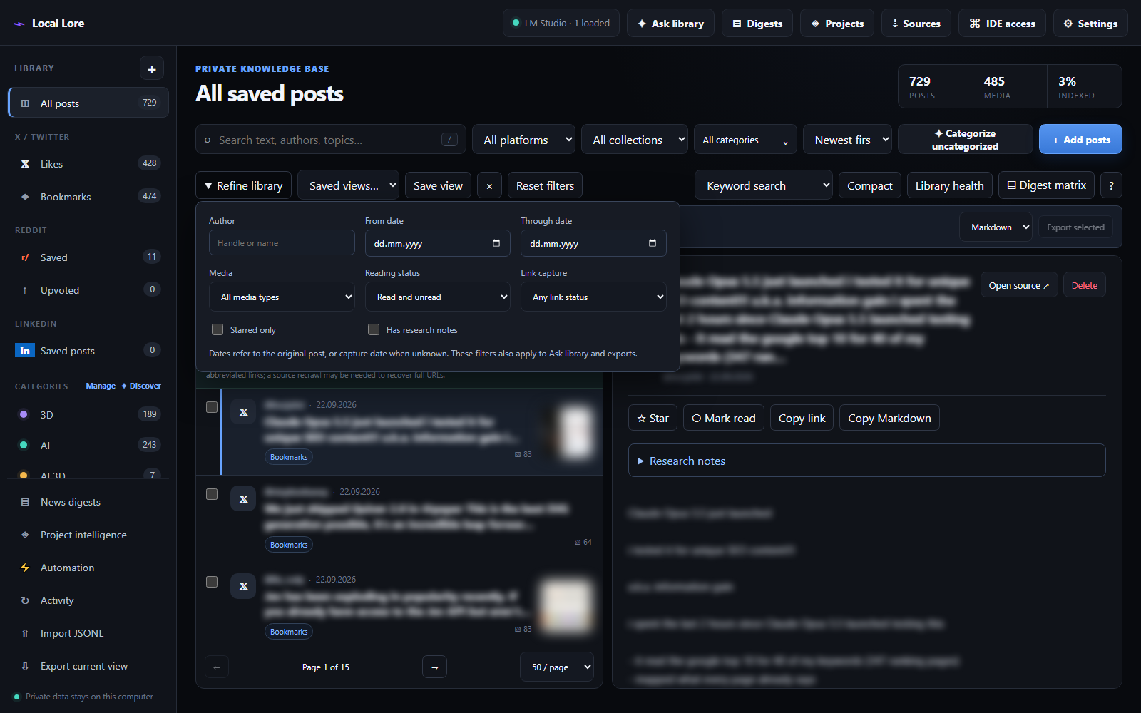 Screenshot of the Digester Refine library filter panel expanded: the author field, the inclusive from and to post-date pickers, the media type selector, the reading status and starred toggles, the has-notes filter, the captured-link status filter, and the Save view button with the list of already saved named views.