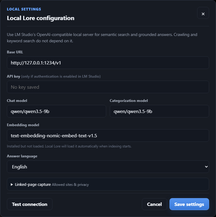 Screenshot of the Digester Settings dialog: the LM Studio base URL field defaulting to http://127.0.0.1:1234/v1, the optional API key field, the chat model and embedding model selectors, the crawl limit field, and the Linked-page capture section with the pause toggle, the hostname allowlist editor and the Existing library scan button.