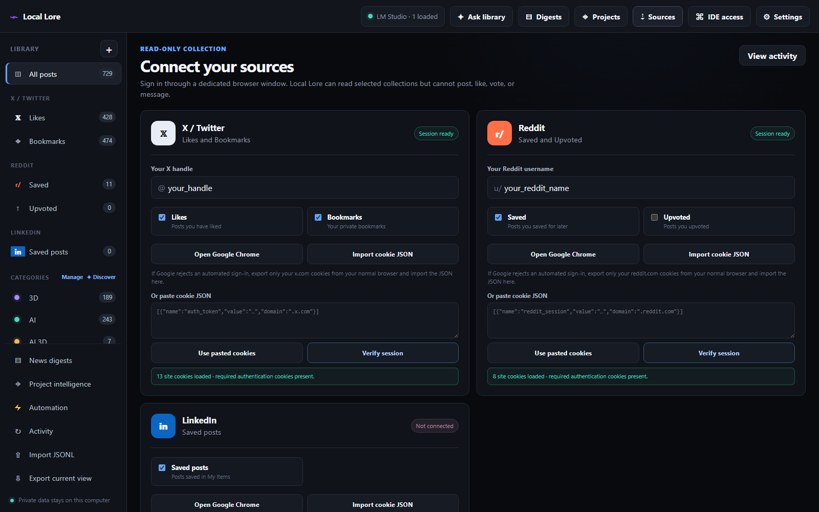 Screenshot of the Digester Sources view: the X handle and Reddit username fields, the collection checkboxes, the Open Google Chrome buttons per platform, the Verify session button, the Import cookie JSON option, the Include X replies toggle with its maximum replies per post field, and the Start crawl and Run unattended workflow buttons.